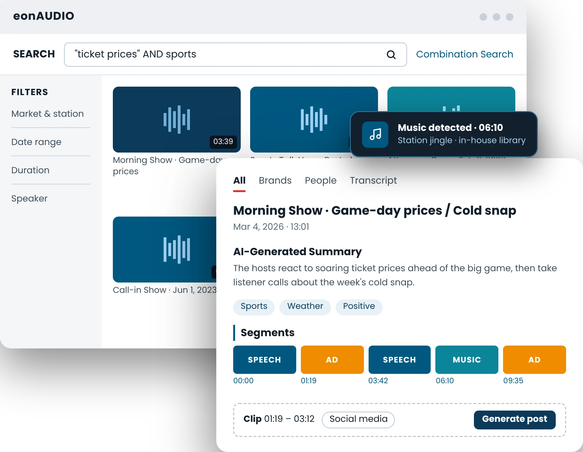 eonAUDIO search showing a morning show's AI summary, segments for speech, ads and music, and a clip ready to post to social media