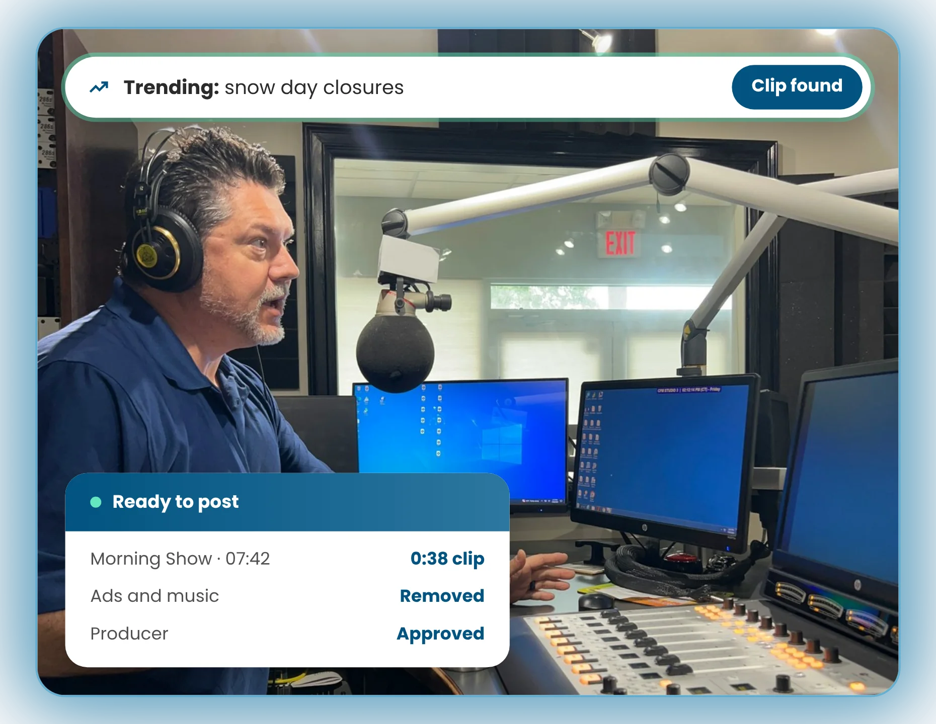 A radio host on air, with Eon Media matching a trending topic to a 38-second clip that's ready to post.