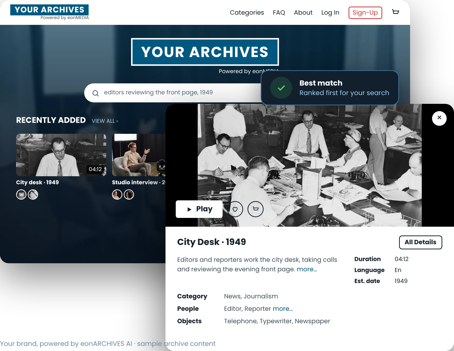 eonARCHIVES AI portal showing a 1949 newsroom clip as the best match for a search, with people, objects and details identified.